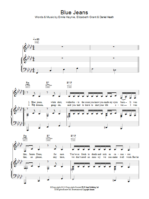 Lana Del Rey Blue Jeans sheet music notes and chords arranged for Piano, Vocal & Guitar Chords