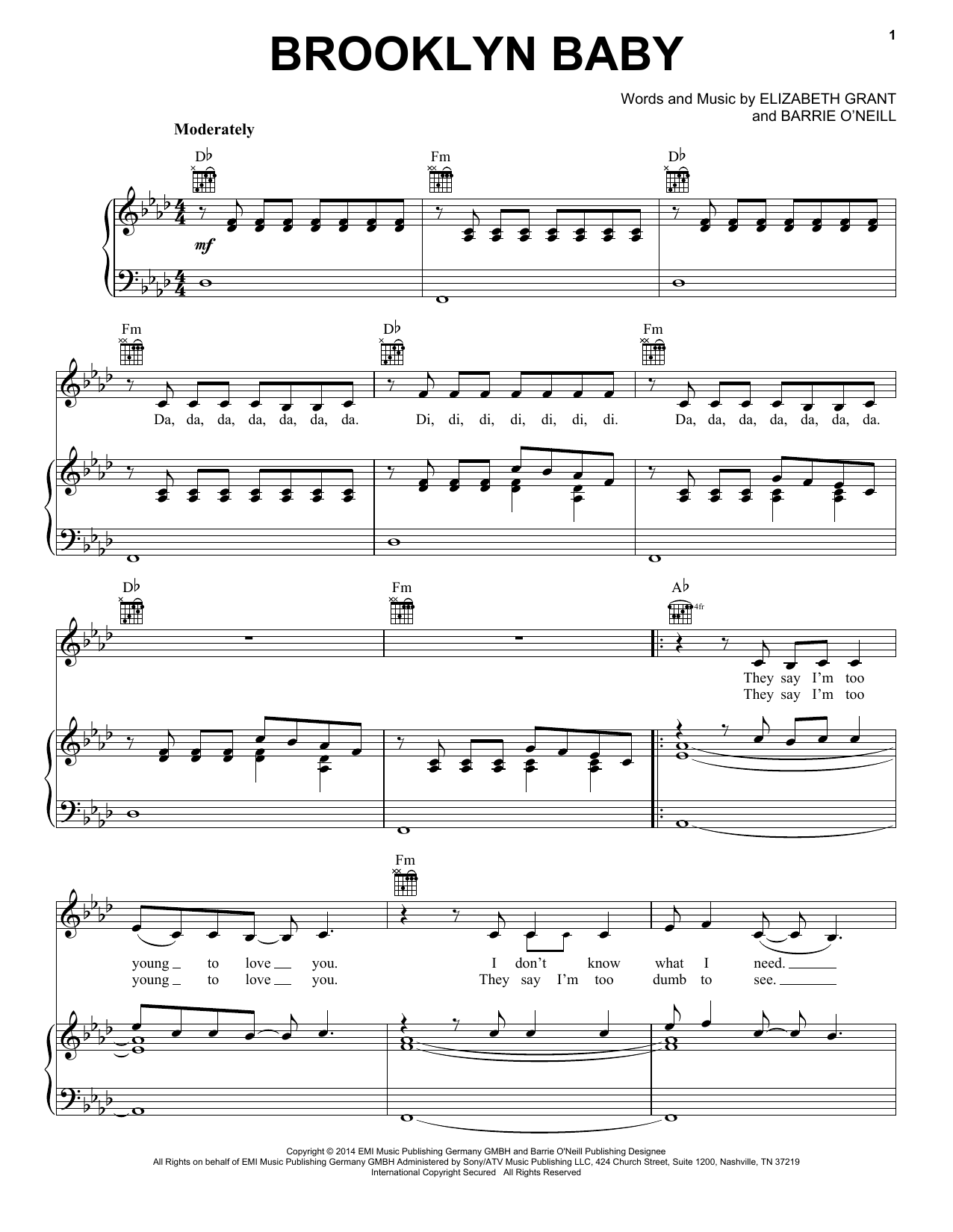 Lana Del Rey Brooklyn Baby sheet music notes and chords arranged for Piano, Vocal & Guitar Chords (Right-Hand Melody)