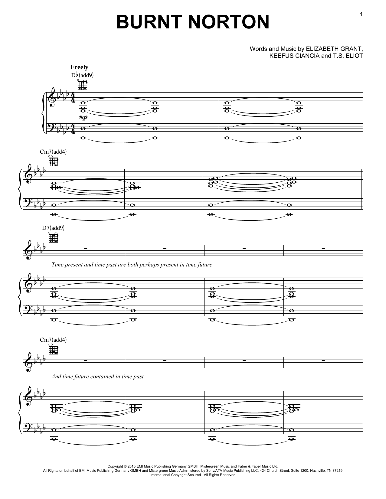 Lana Del Rey Burnt Norton sheet music notes and chords arranged for Piano, Vocal & Guitar Chords (Right-Hand Melody)