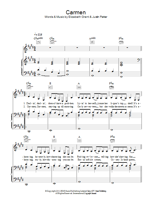 Lana Del Rey Carmen sheet music notes and chords arranged for Piano, Vocal & Guitar Chords