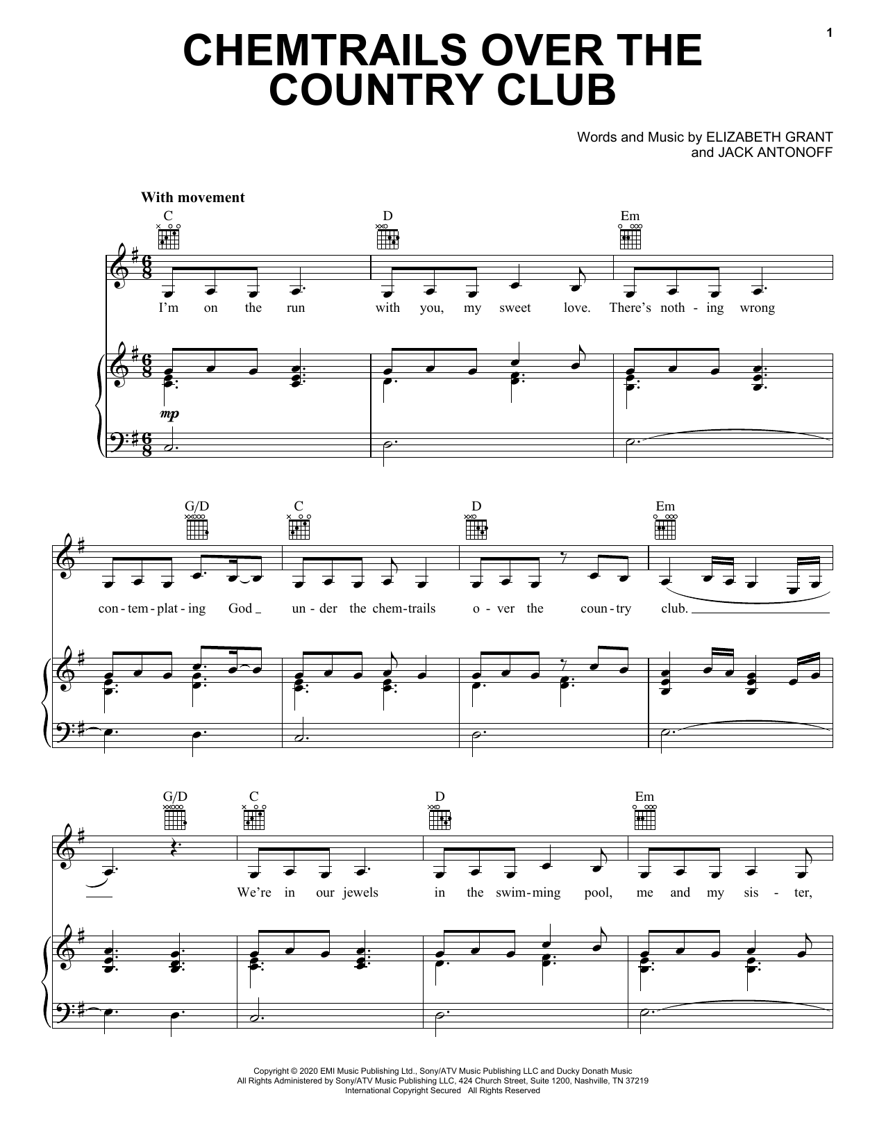 Lana Del Rey Chemtrails Over The Country Club sheet music notes and chords arranged for Piano, Vocal & Guitar Chords (Right-Hand Melody)