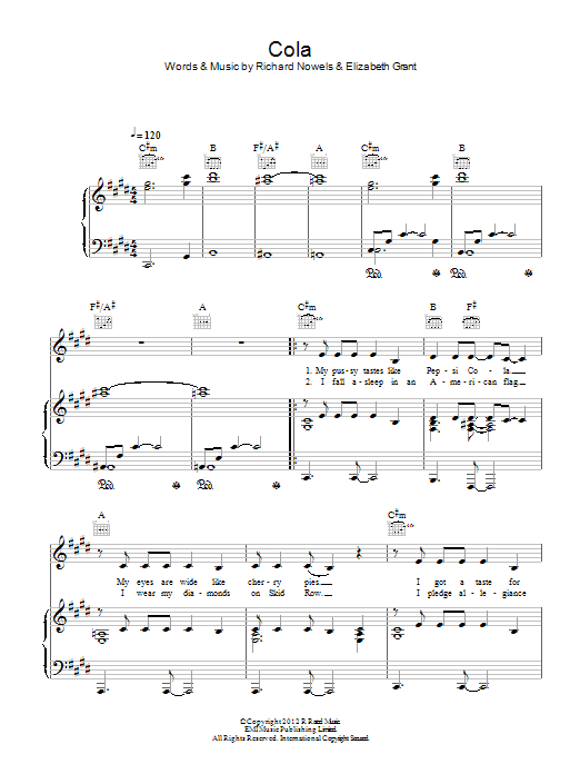 Lana Del Rey Cola sheet music notes and chords arranged for Piano, Vocal & Guitar Chords