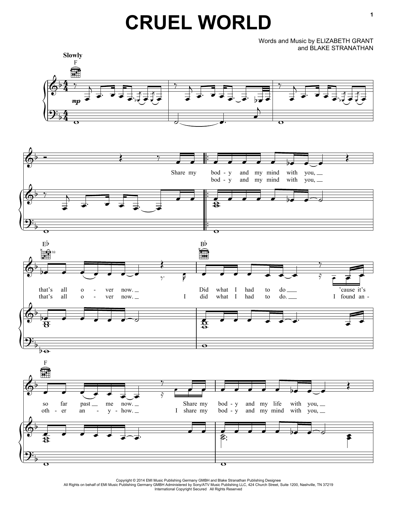 Lana Del Rey Cruel World sheet music notes and chords arranged for Piano, Vocal & Guitar Chords (Right-Hand Melody)