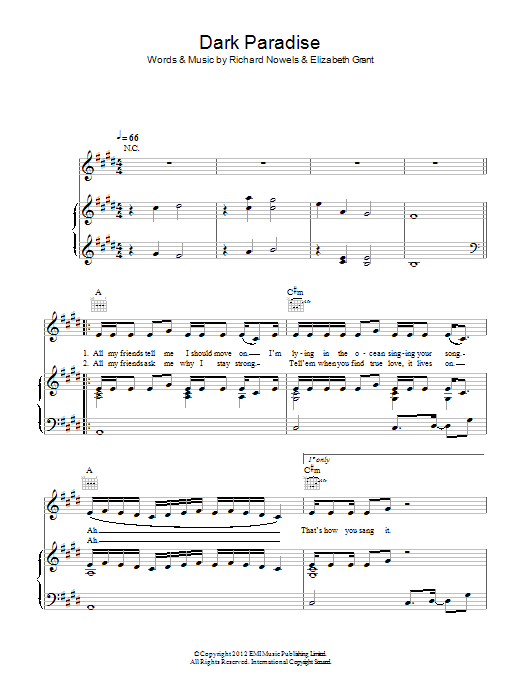 Lana Del Rey Dark Paradise sheet music notes and chords arranged for Piano, Vocal & Guitar Chords
