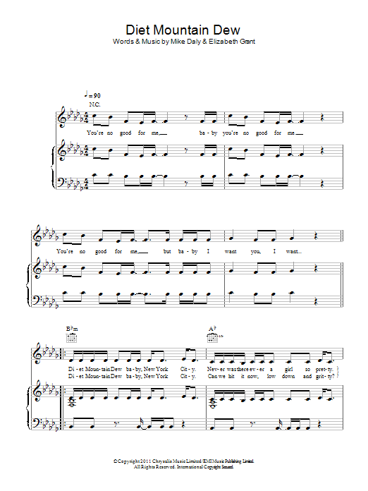 Lana Del Rey Diet Mountain Dew sheet music notes and chords arranged for Piano, Vocal & Guitar Chords