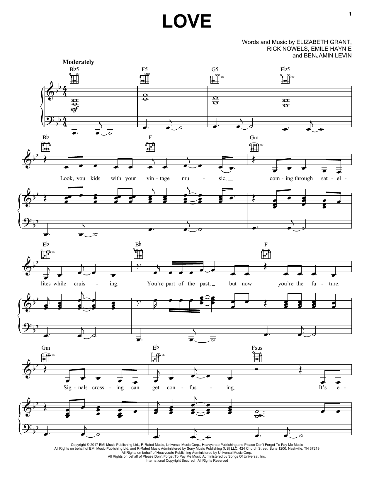 Lana Del Rey Love sheet music notes and chords arranged for Piano, Vocal & Guitar Chords (Right-Hand Melody)