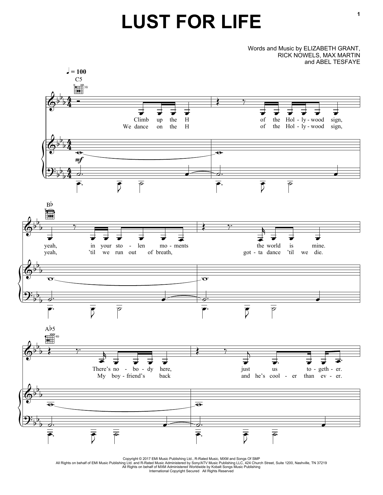 Lana Del Rey Lust For Life (feat. The Weeknd) sheet music notes and chords arranged for Piano, Vocal & Guitar Chords (Right-Hand Melody)