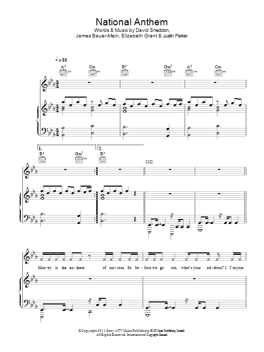 Lana Del Rey National Anthem sheet music notes and chords arranged for Piano, Vocal & Guitar Chords