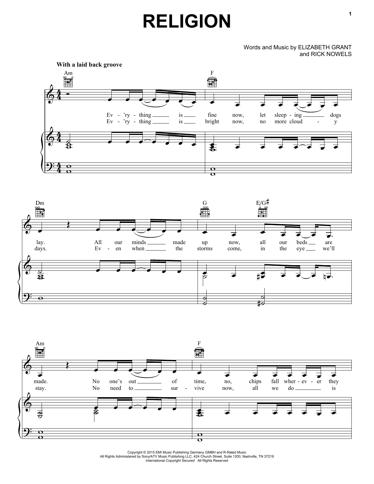 Lana Del Rey Religion sheet music notes and chords arranged for Piano, Vocal & Guitar Chords (Right-Hand Melody)