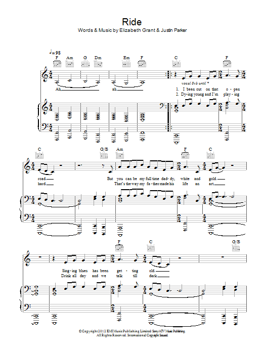 Lana Del Rey Ride sheet music notes and chords arranged for Piano, Vocal & Guitar Chords