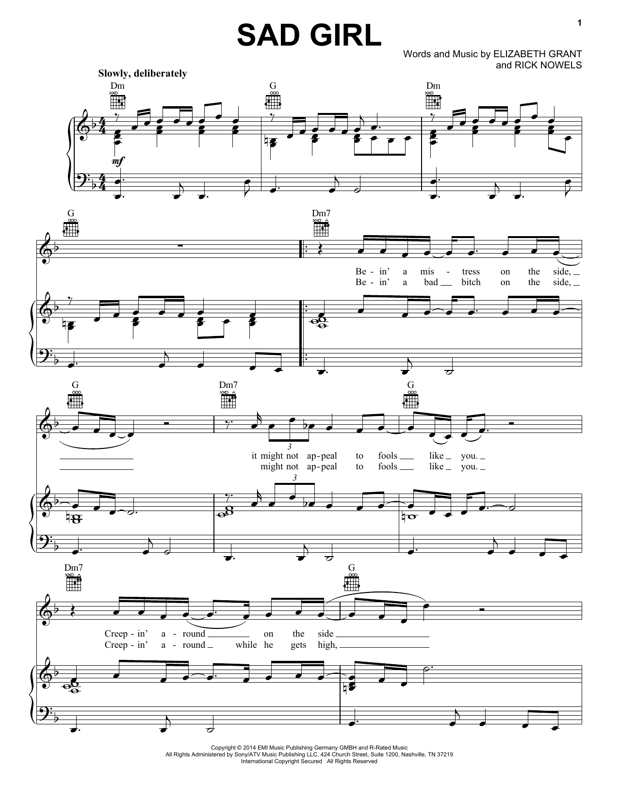 Lana Del Rey Sad Girl sheet music notes and chords arranged for Piano, Vocal & Guitar Chords (Right-Hand Melody)