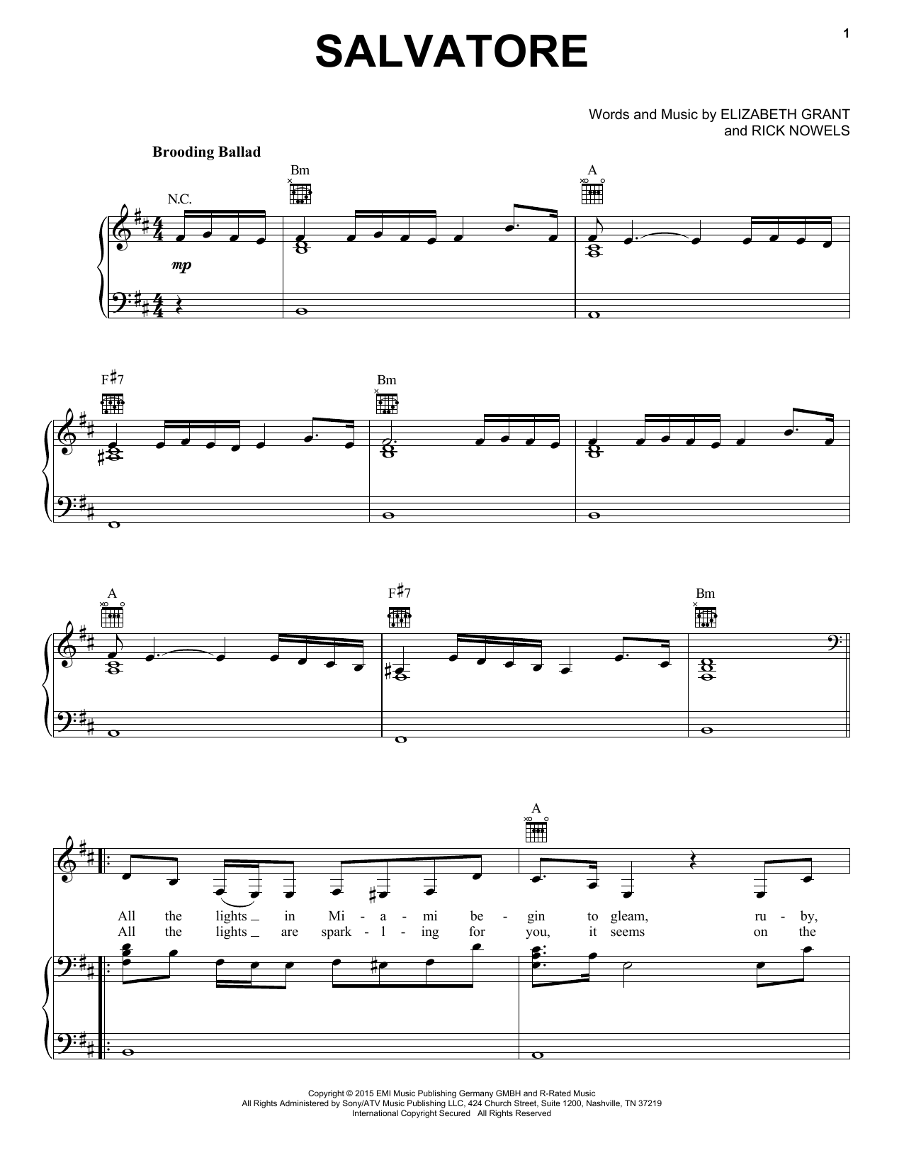 Lana Del Rey Salvatore sheet music notes and chords arranged for Piano, Vocal & Guitar Chords (Right-Hand Melody)
