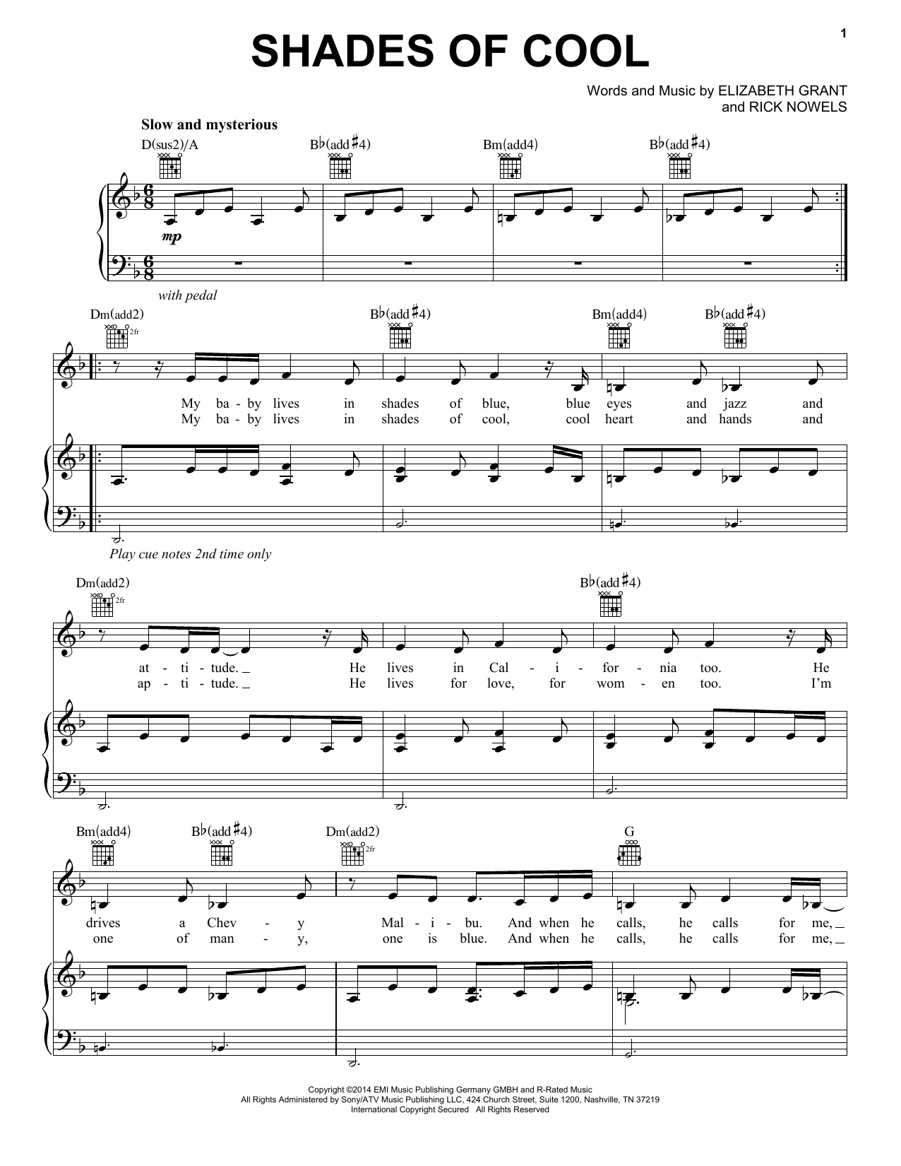 Lana Del Rey Shades Of Cool sheet music notes and chords arranged for Piano, Vocal & Guitar Chords (Right-Hand Melody)