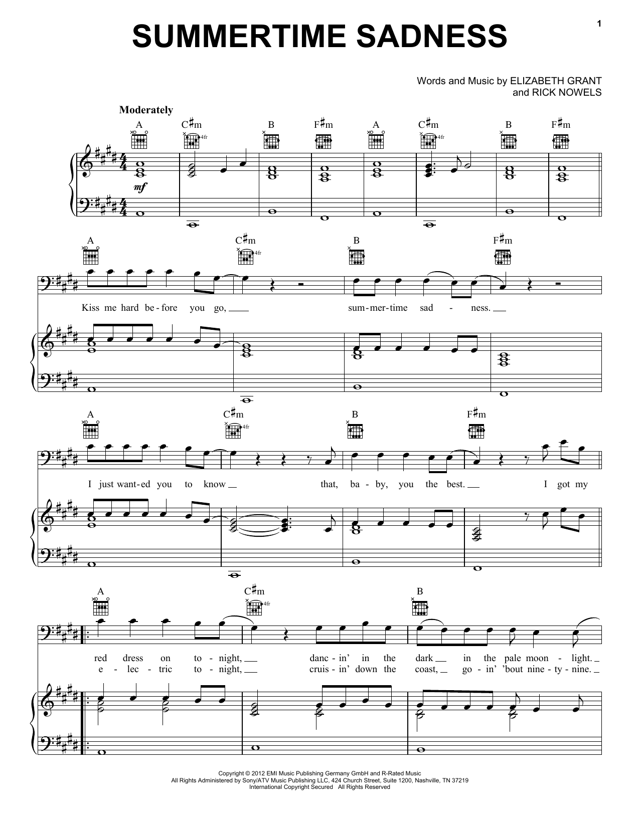 Lana Del Rey Summertime Sadness sheet music notes and chords arranged for Piano, Vocal & Guitar Chords (Right-Hand Melody)