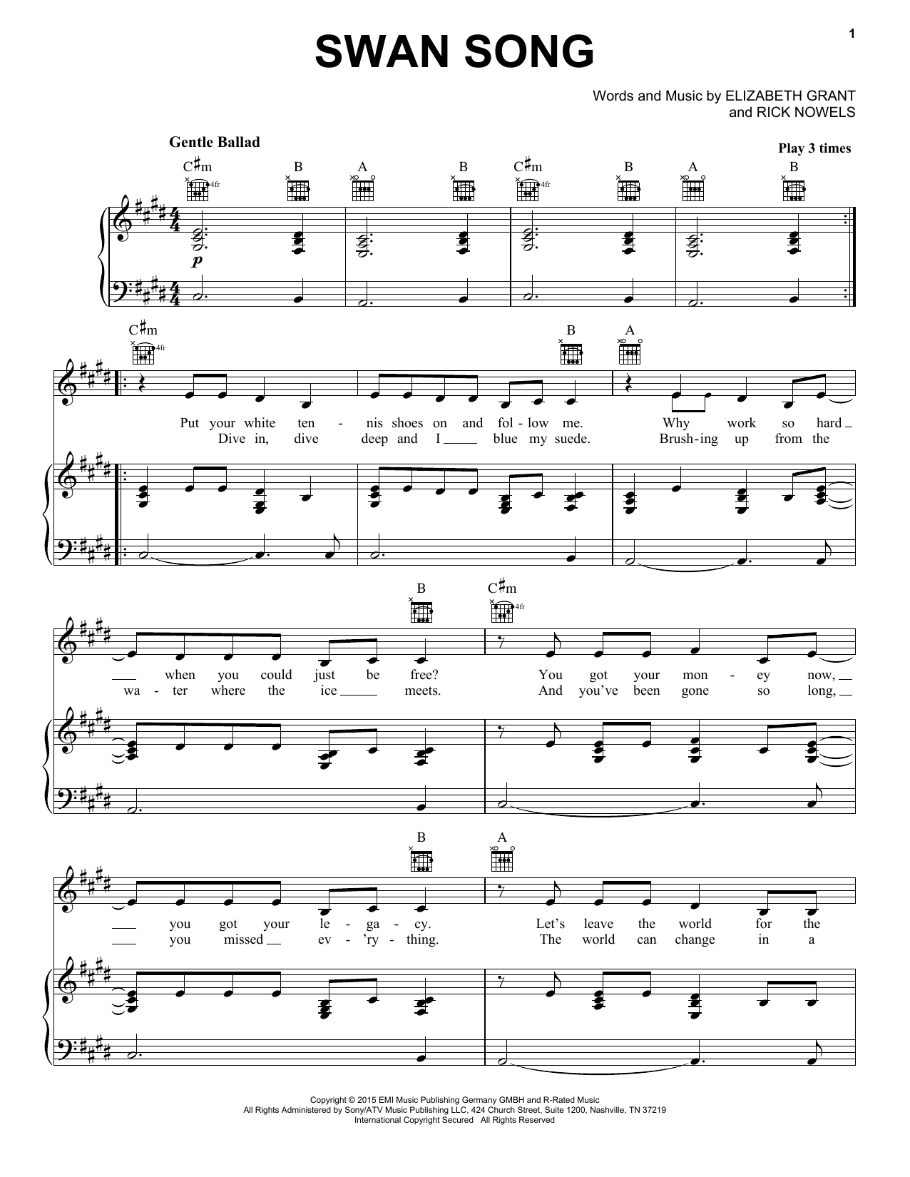Lana Del Rey Swan Song sheet music notes and chords arranged for Piano, Vocal & Guitar Chords (Right-Hand Melody)