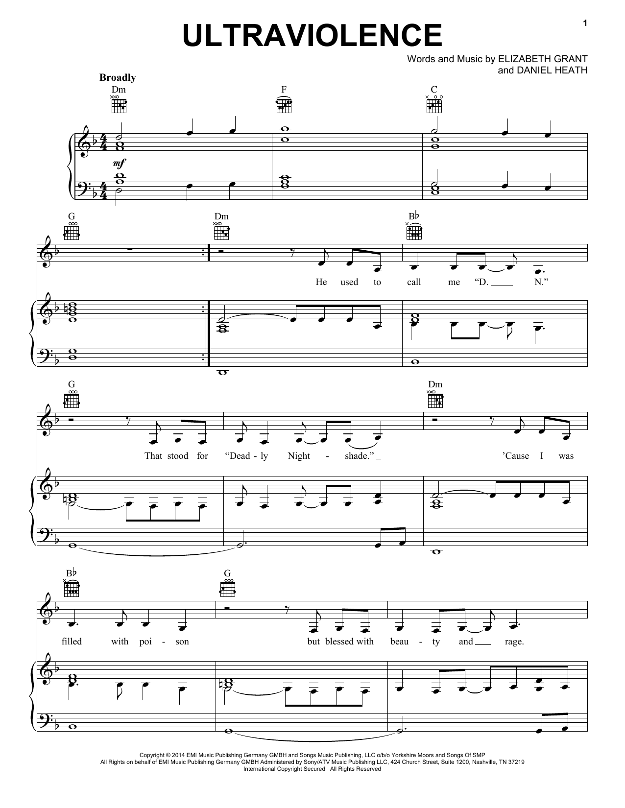 Lana Del Rey Ultraviolence sheet music notes and chords arranged for Piano, Vocal & Guitar Chords (Right-Hand Melody)