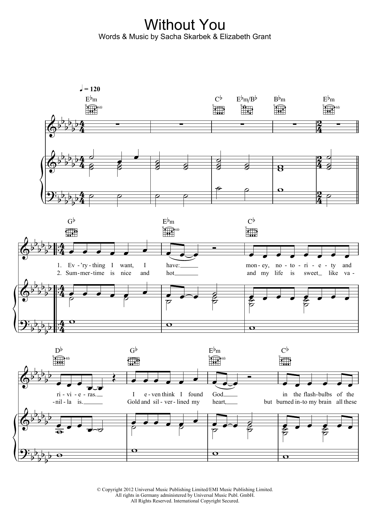 Lana Del Rey Without You sheet music notes and chords arranged for Piano, Vocal & Guitar Chords