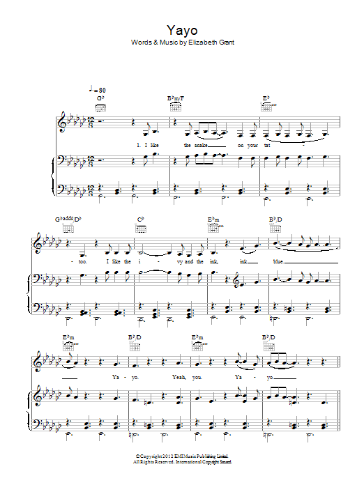Lana Del Rey Yayo sheet music notes and chords arranged for Piano, Vocal & Guitar Chords