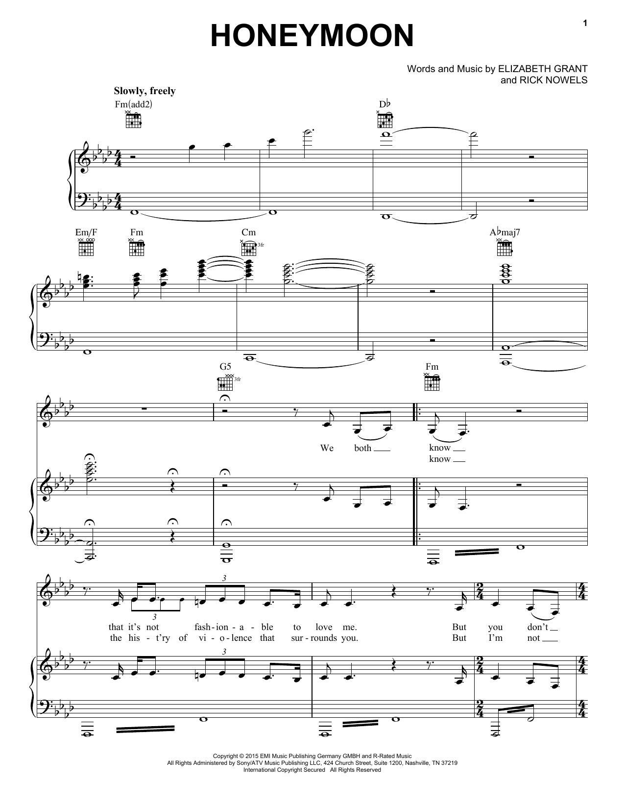 Lana Del Rey Honeymoon sheet music notes and chords arranged for Piano, Vocal & Guitar Chords (Right-Hand Melody)