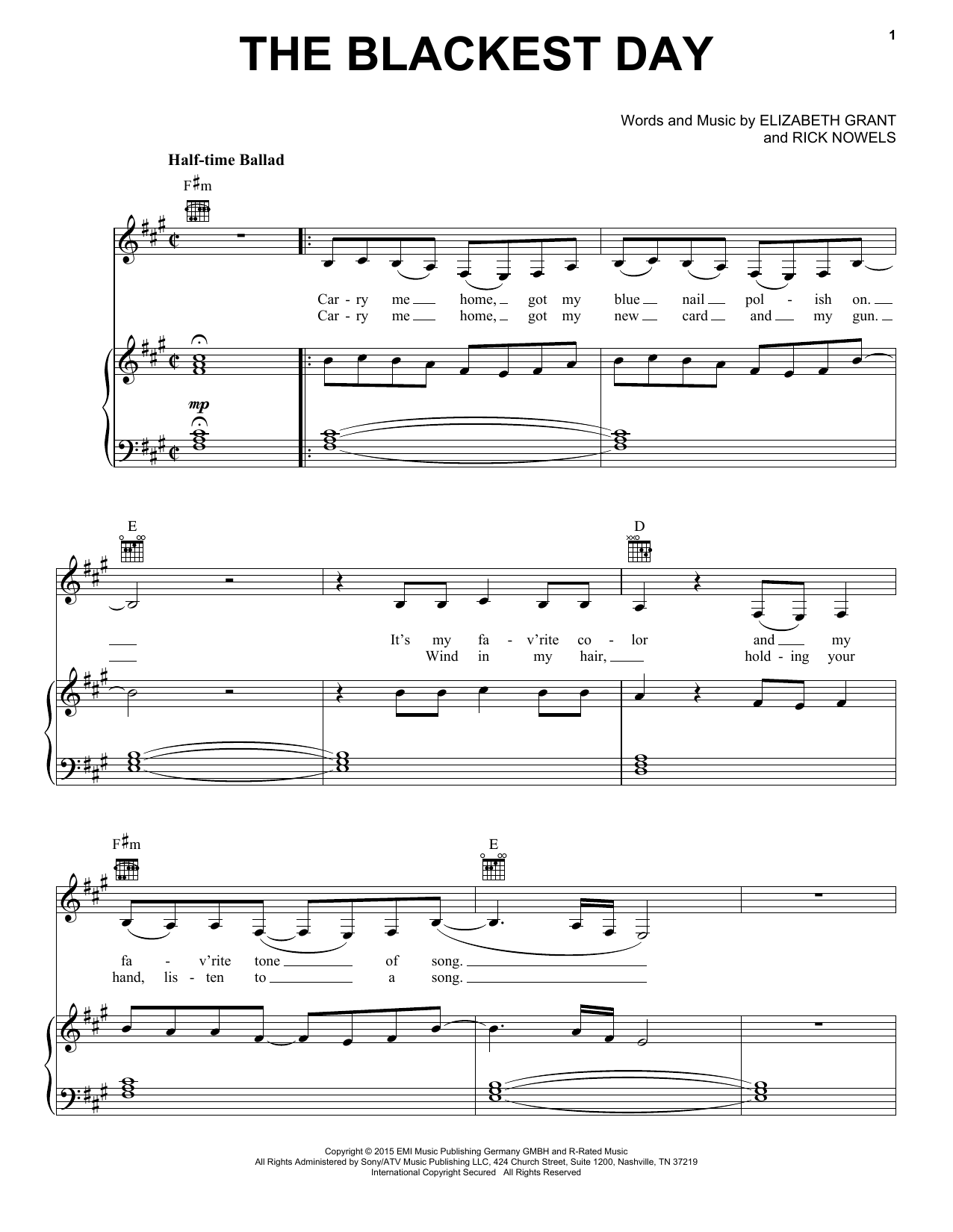 Lana Del Rey The Blackest Day sheet music notes and chords arranged for Piano, Vocal & Guitar Chords (Right-Hand Melody)