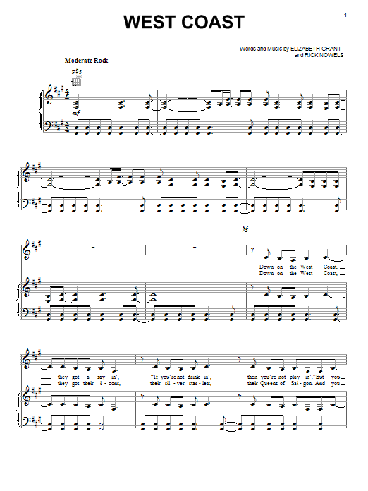 Lana Del Rey West Coast sheet music notes and chords arranged for Piano, Vocal & Guitar Chords (Right-Hand Melody)