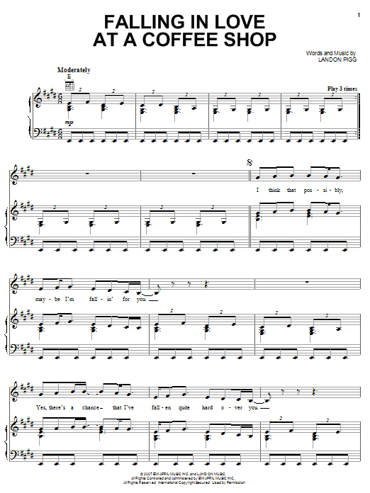 Landon Pigg Falling In Love At A Coffee Shop sheet music notes and chords arranged for Piano, Vocal & Guitar Chords (Right-Hand Melody)