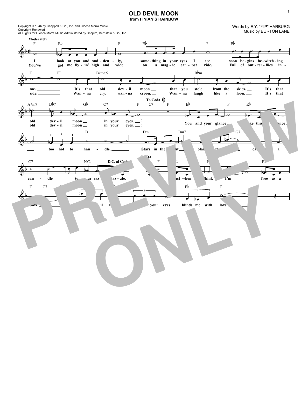 Burton Lane Old Devil Moon sheet music notes and chords arranged for Lead Sheet / Fake Book