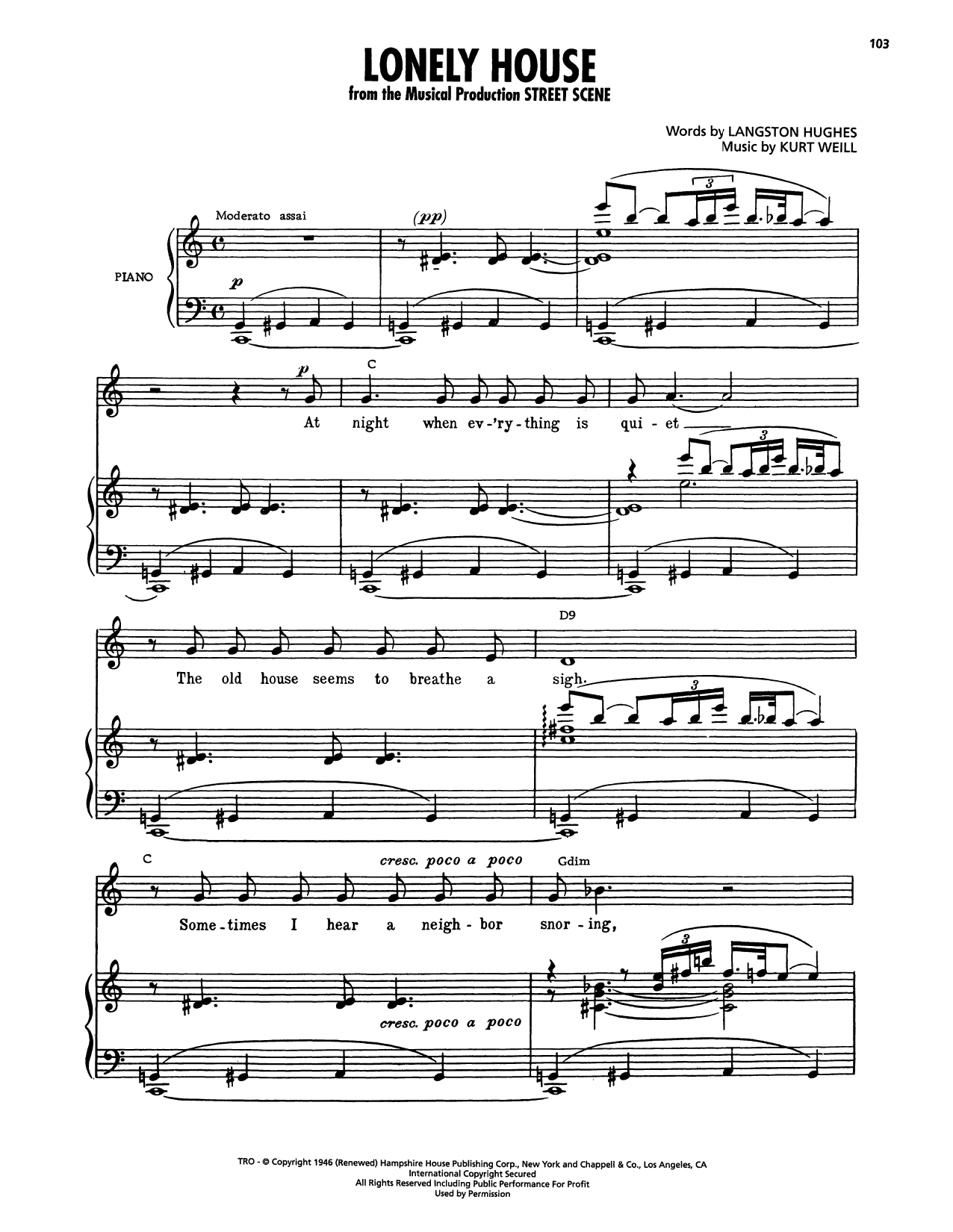 Langston Hughes Lonely House (from Street Scene) sheet music notes and chords arranged for Piano, Vocal & Guitar Chords (Right-Hand Melody)