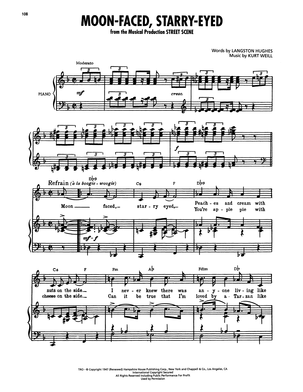 Langston Hughes Moon-Faced, Starry-Eyed (from Street Scene) sheet music notes and chords arranged for Piano, Vocal & Guitar Chords (Right-Hand Melody)