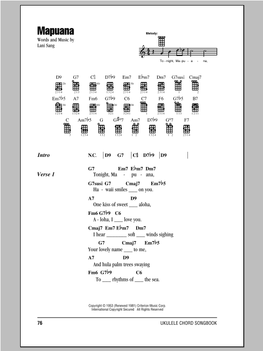 Lani Sang Mapuana sheet music notes and chords arranged for Ukulele Chords/Lyrics