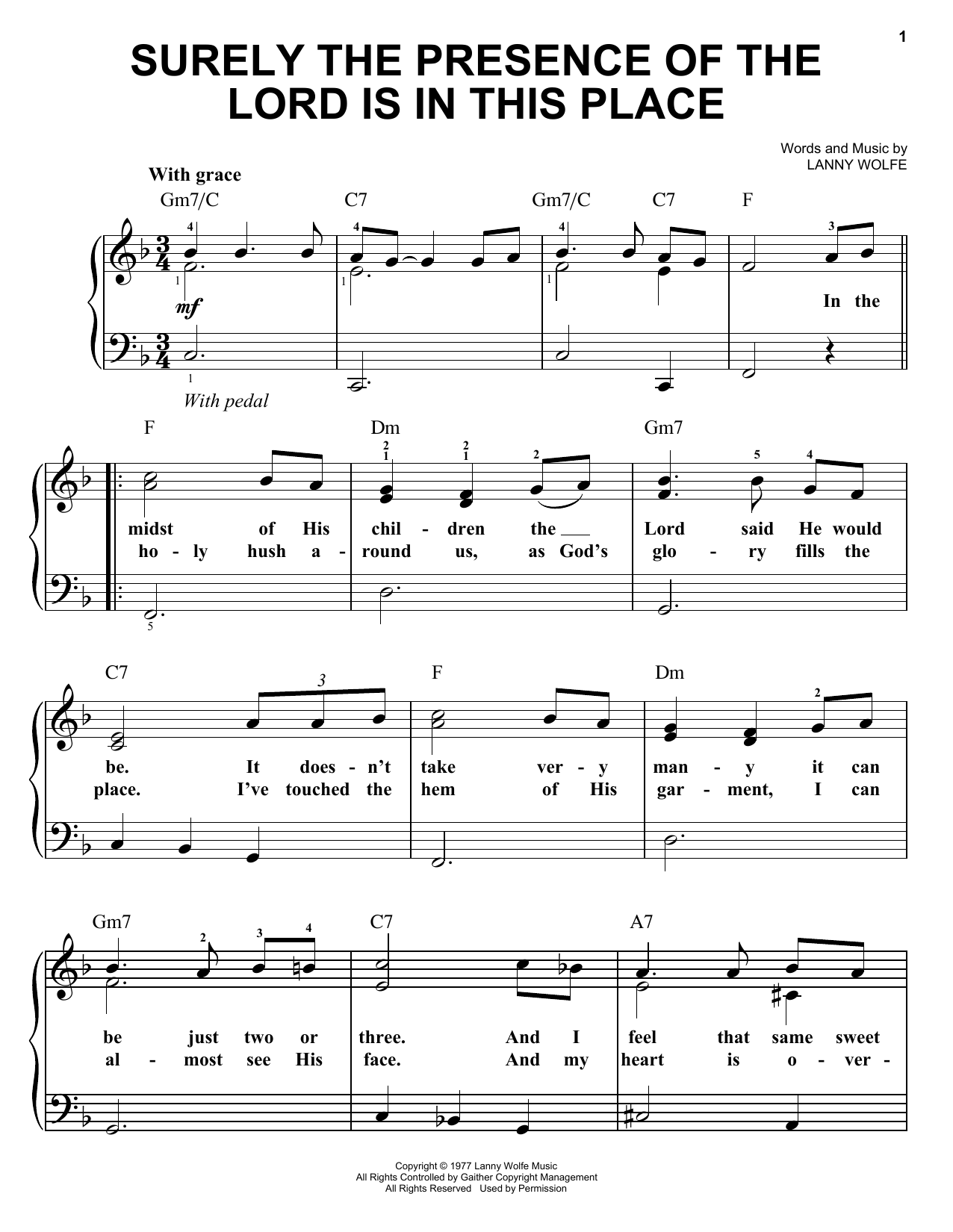 Lanny Wolfe Surely The Presence Of The Lord Is In This Place sheet music notes and chords arranged for Super Easy Piano