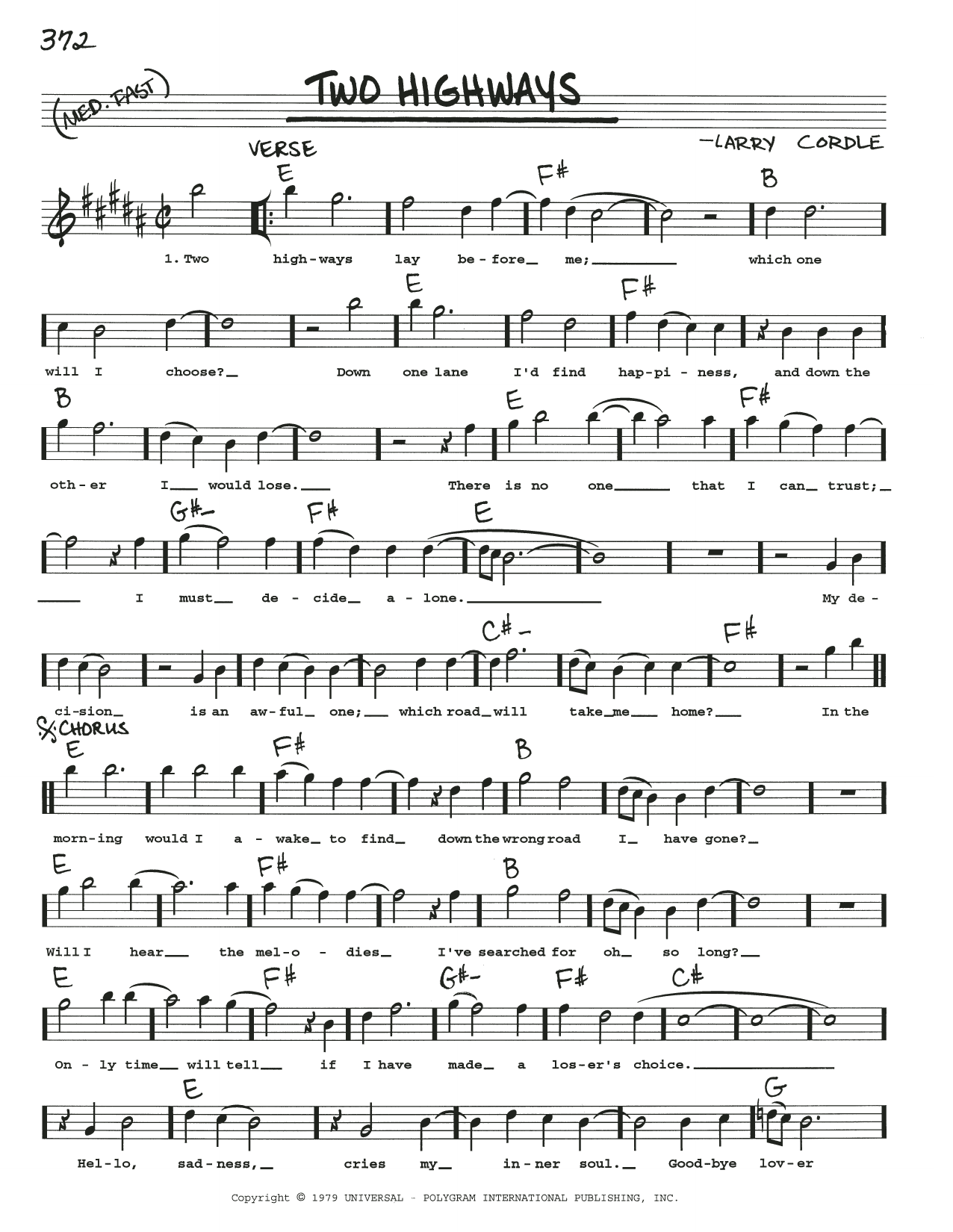 Larry Cordle Two Highways sheet music notes and chords arranged for Real Book – Melody, Lyrics & Chords