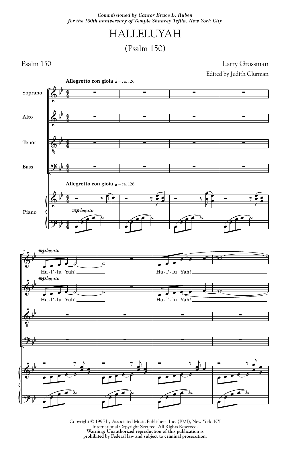 Larry Grossman Halleluyah (Psalm 150) sheet music notes and chords arranged for SATB Choir