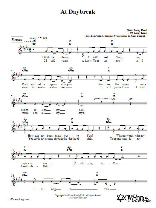 Larry Karol At Daybreak sheet music notes and chords arranged for Lead Sheet / Fake Book