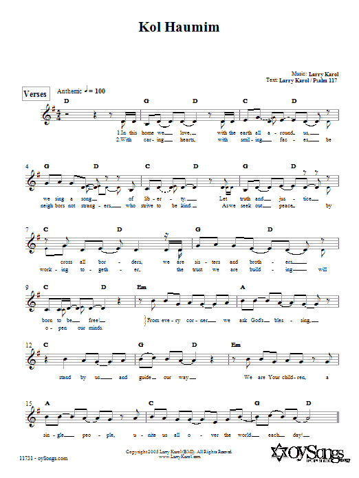 Larry Karol Kol Haumim sheet music notes and chords arranged for Lead Sheet / Fake Book
