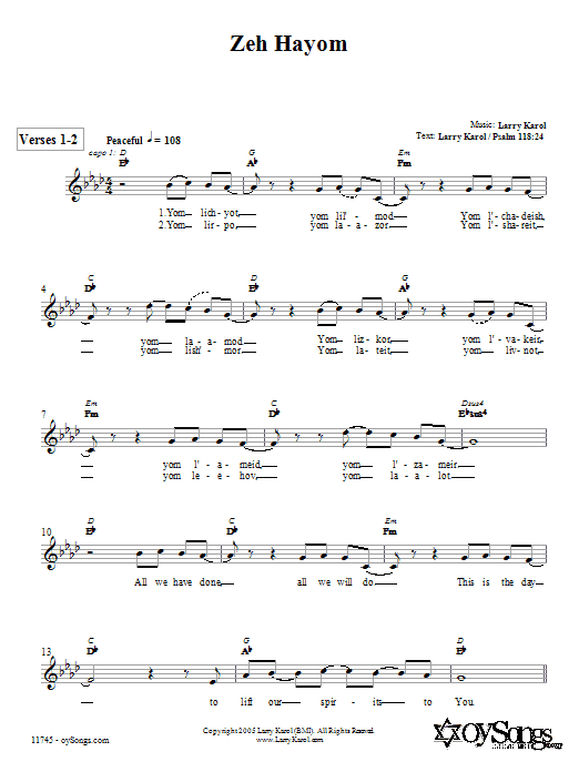 Larry Karol Zeh Hayom sheet music notes and chords arranged for Lead Sheet / Fake Book