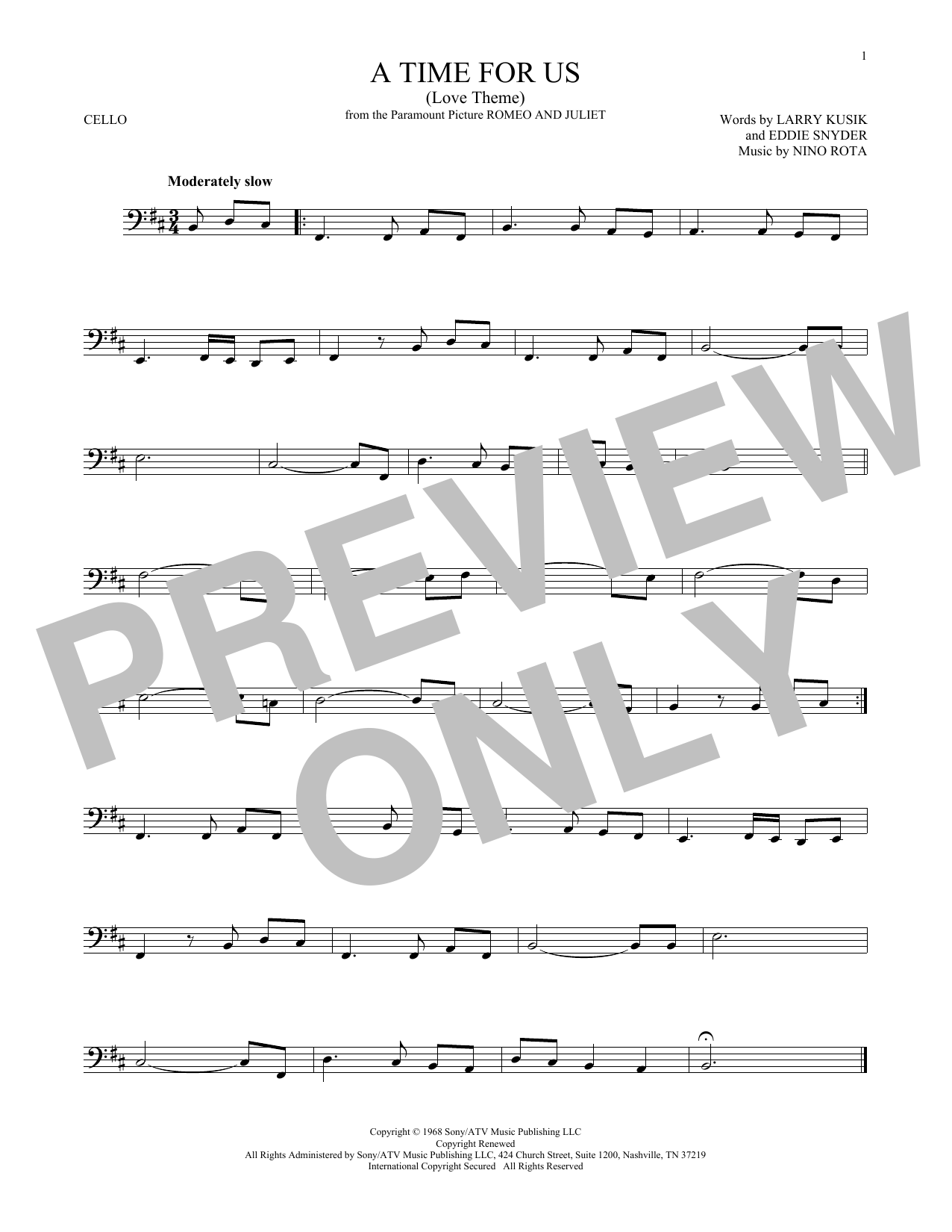 Larry Kusik A Time For Us (Love Theme) sheet music notes and chords arranged for Cello Solo