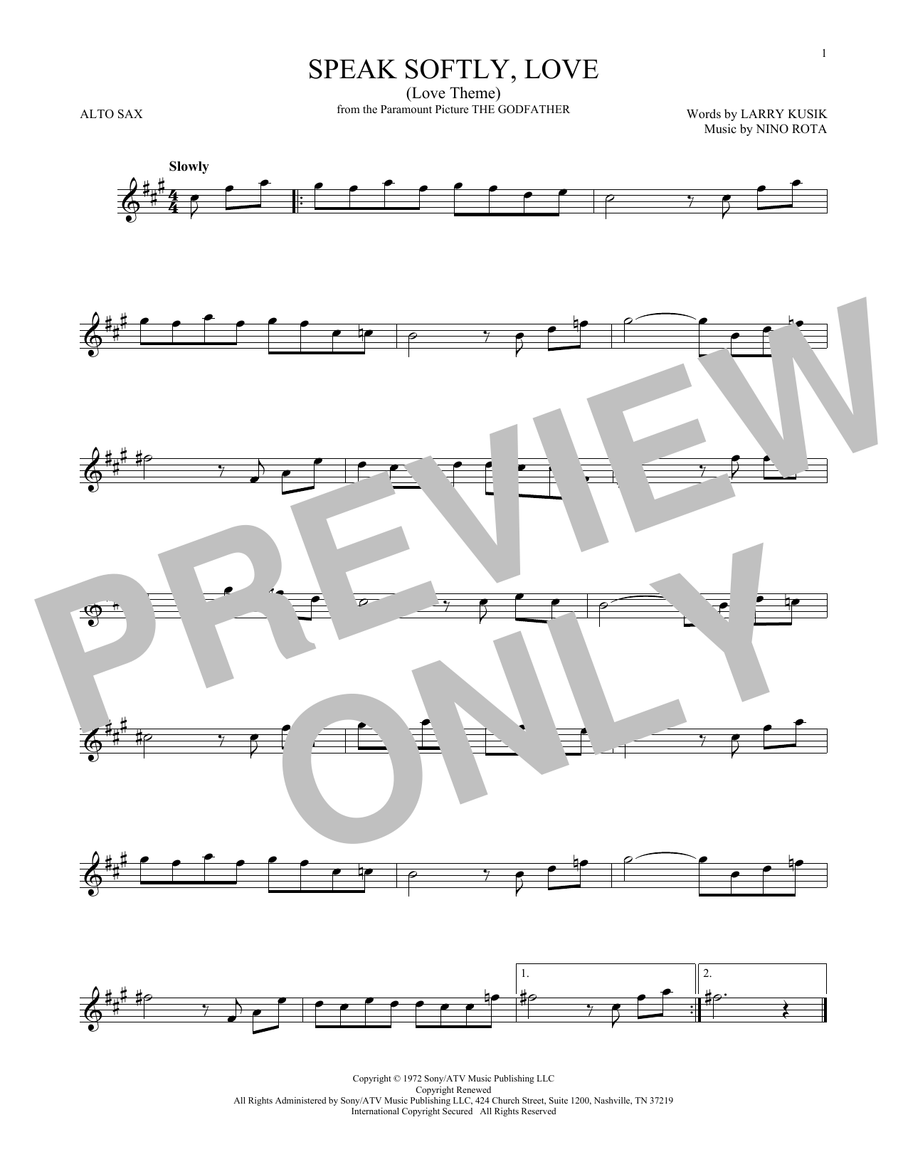 Larry Kusik Speak Softly, Love (Love Theme) sheet music notes and chords arranged for Alto Sax Solo