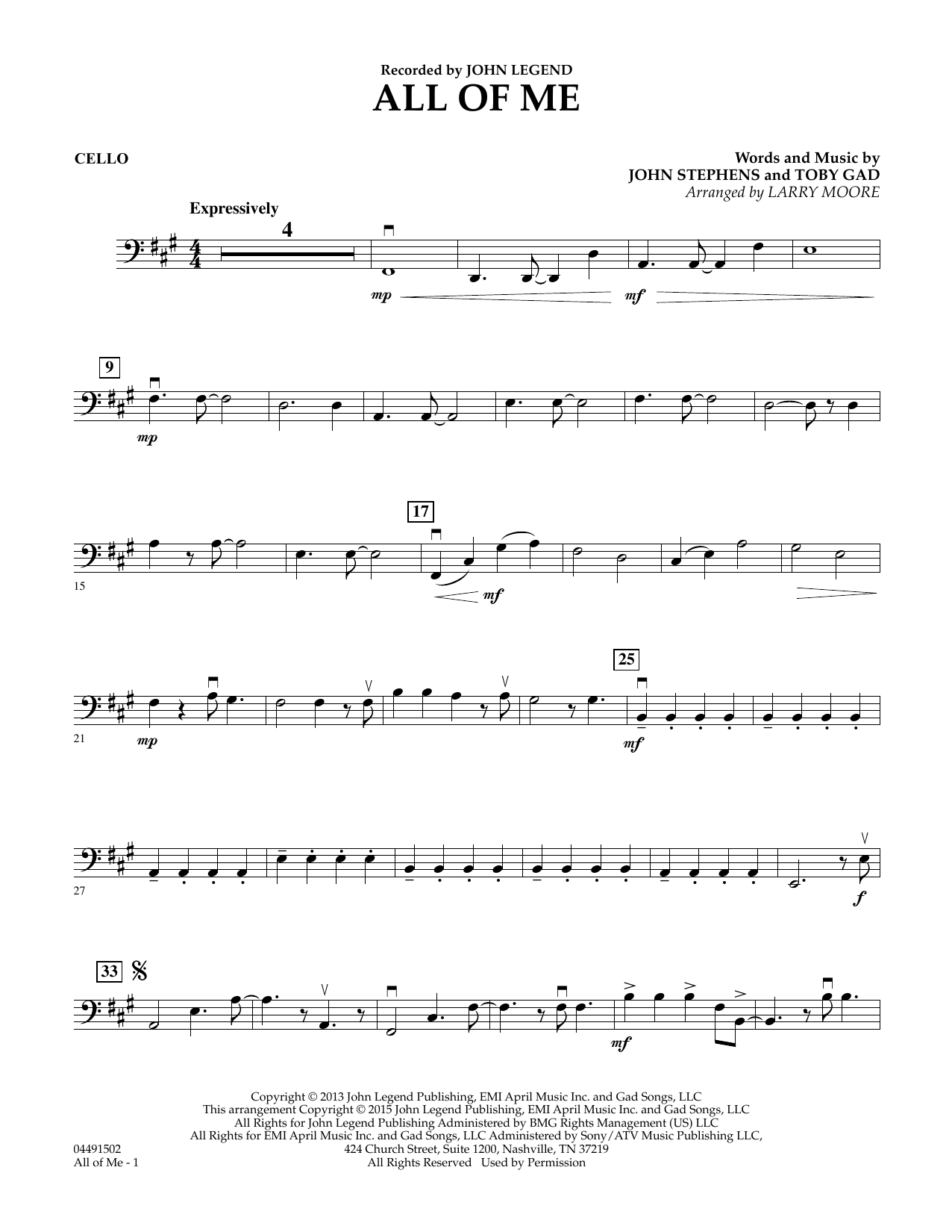 Larry Moore All of Me - Cello sheet music notes and chords arranged for String Quartet