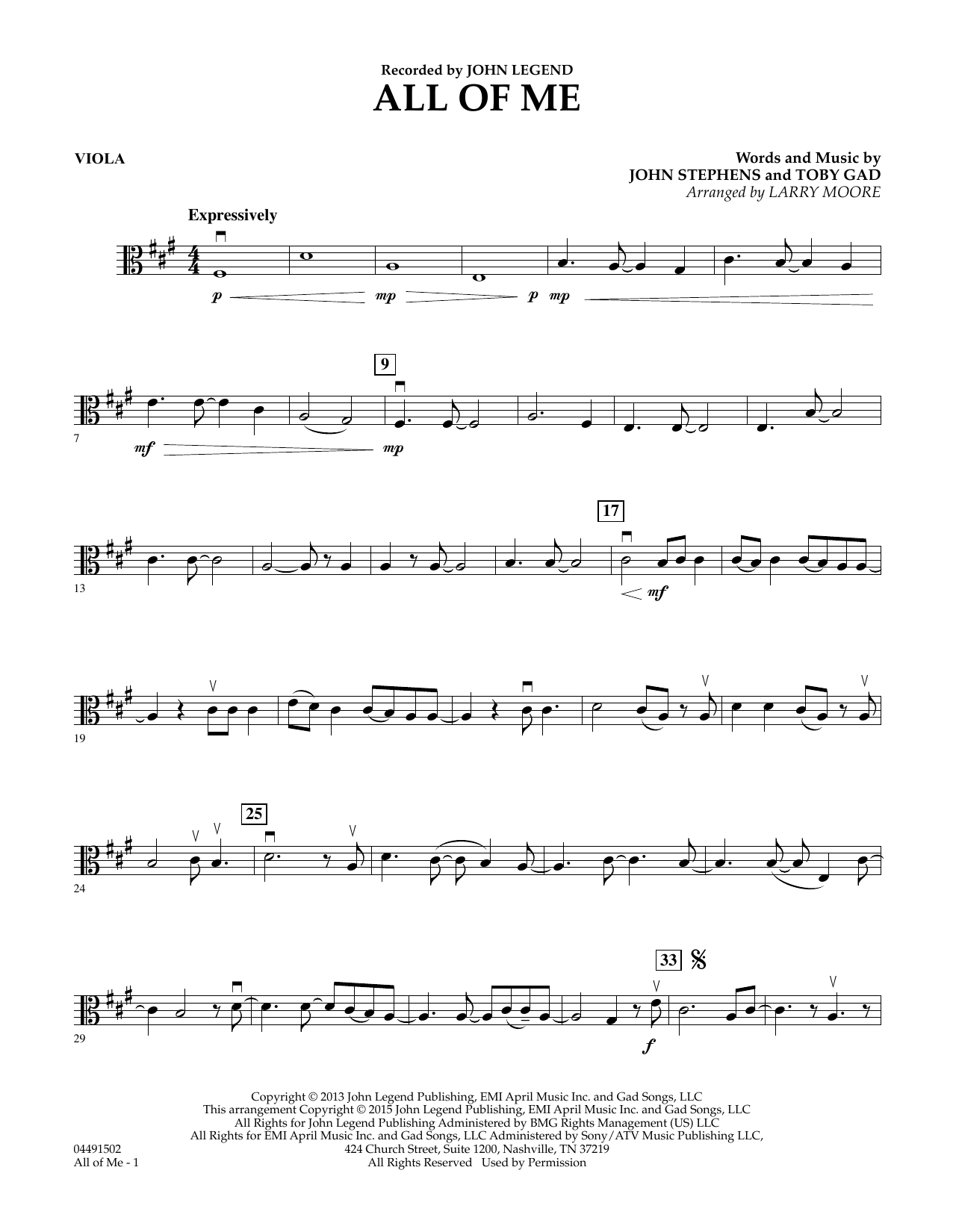 Larry Moore All of Me - Viola sheet music notes and chords arranged for String Quartet
