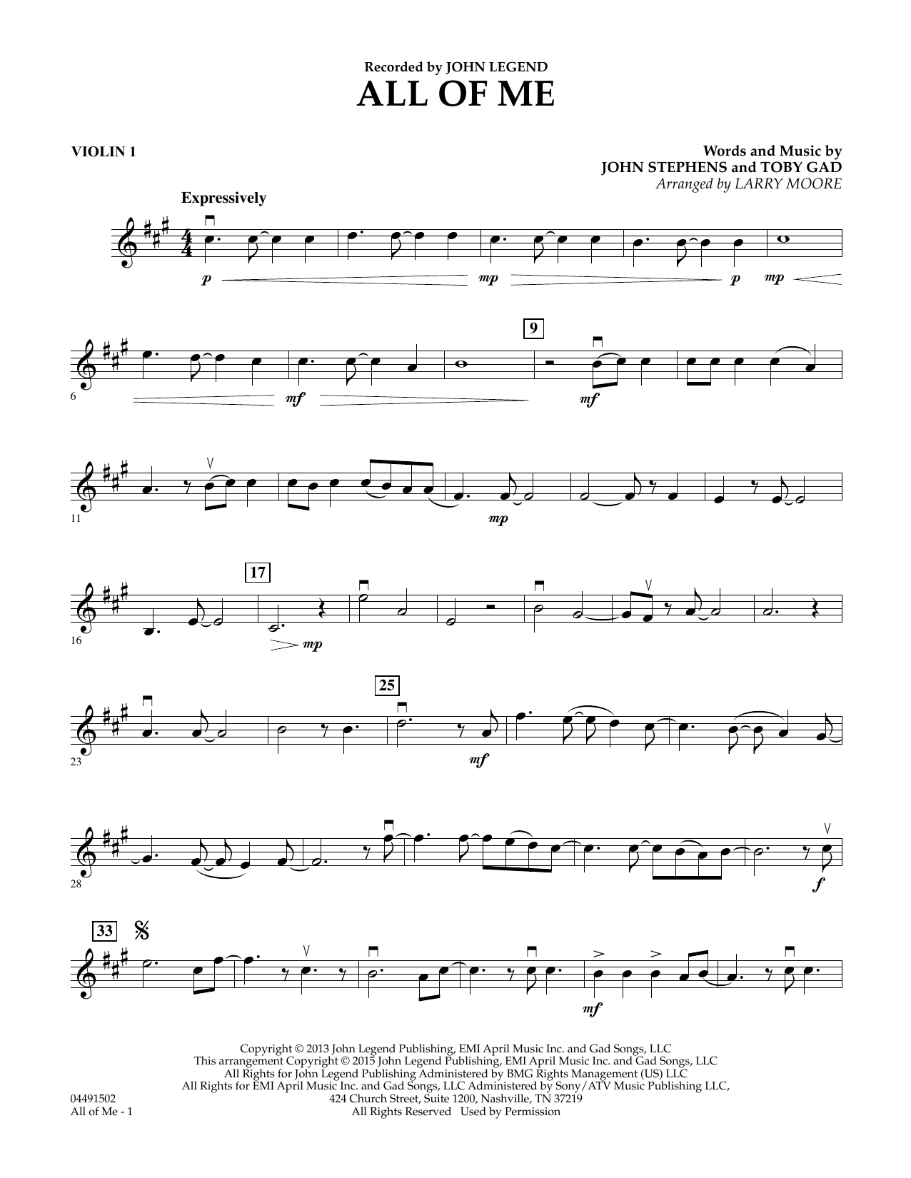 Larry Moore All of Me - Violin 1 sheet music notes and chords arranged for String Quartet