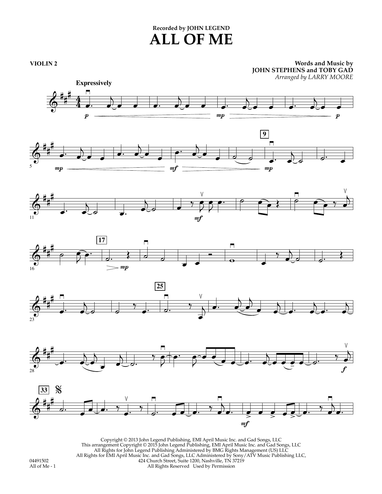 Larry Moore All of Me - Violin 2 sheet music notes and chords arranged for String Quartet