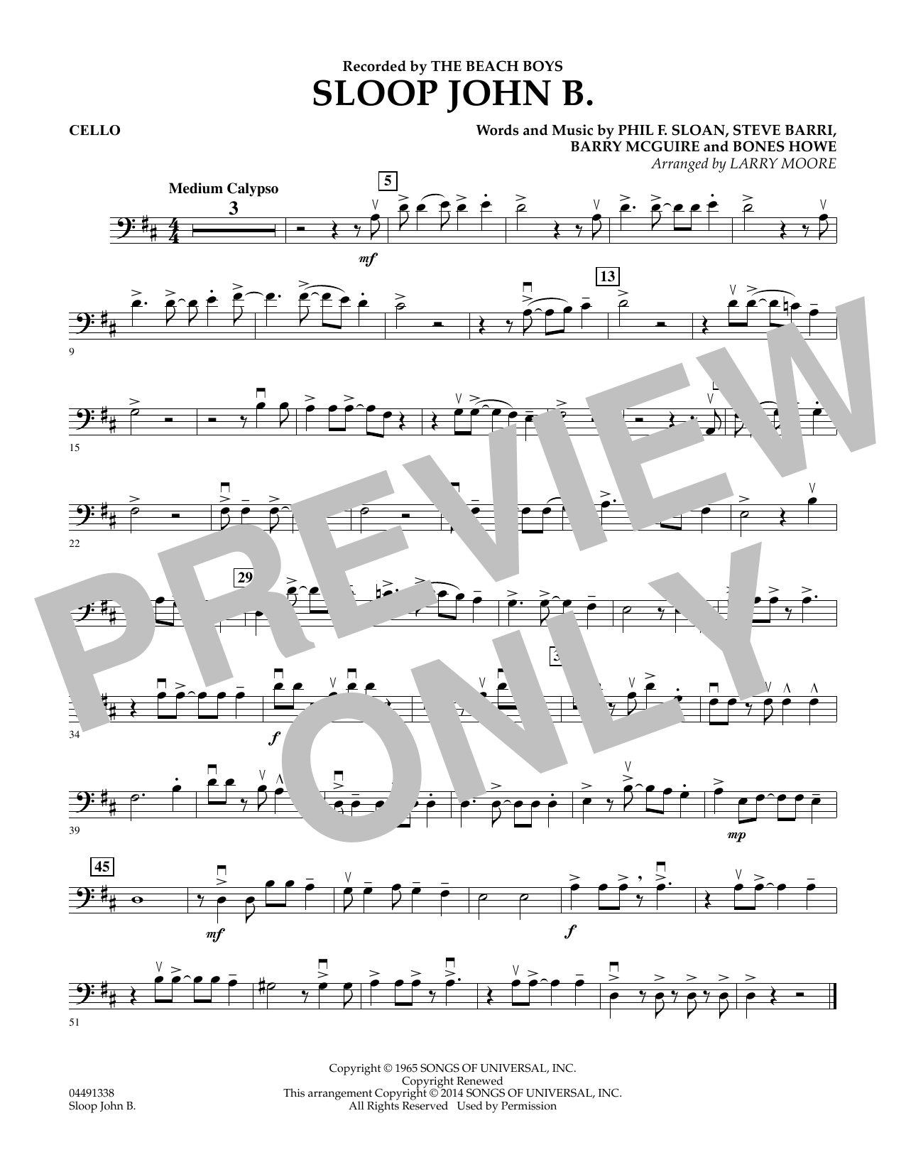 Larry Moore Sloop John B - Cello sheet music notes and chords arranged for Orchestra