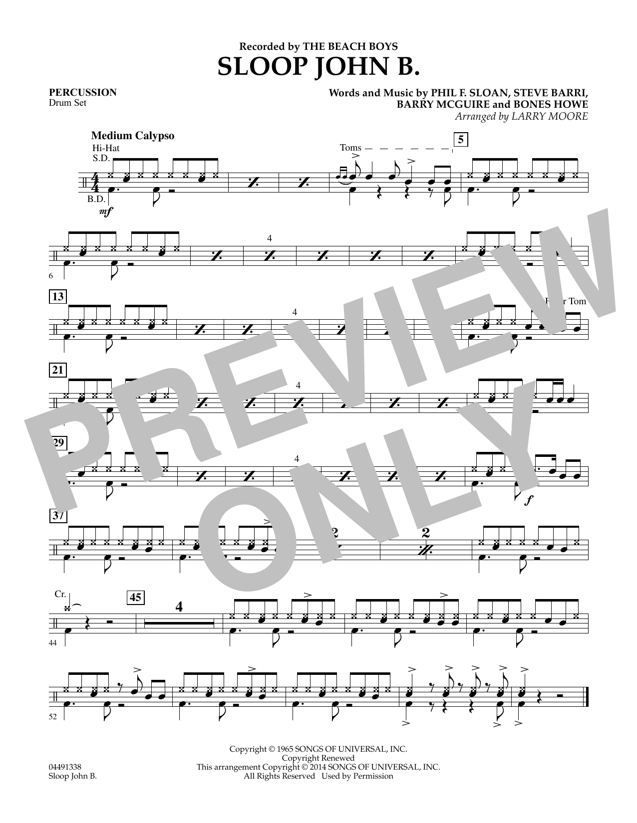 Larry Moore Sloop John B - Percussion sheet music notes and chords arranged for Orchestra