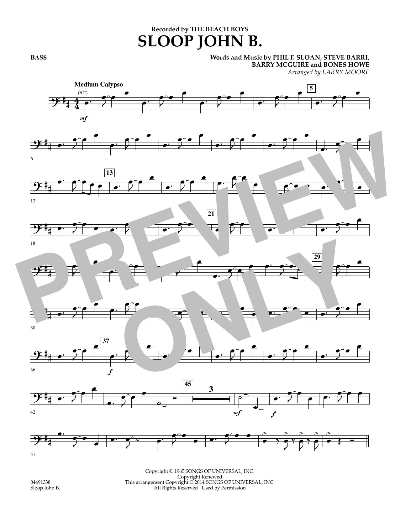 Larry Moore Sloop John B - String Bass sheet music notes and chords arranged for Orchestra