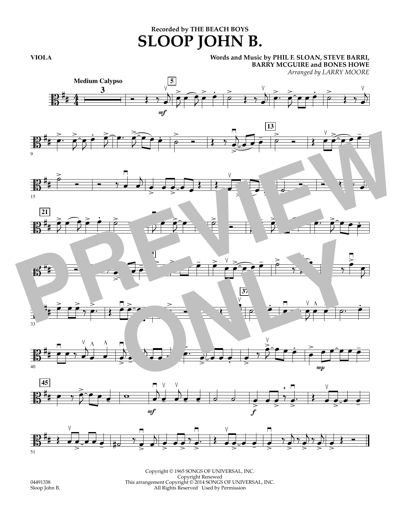 Larry Moore Sloop John B - Viola sheet music notes and chords arranged for Orchestra