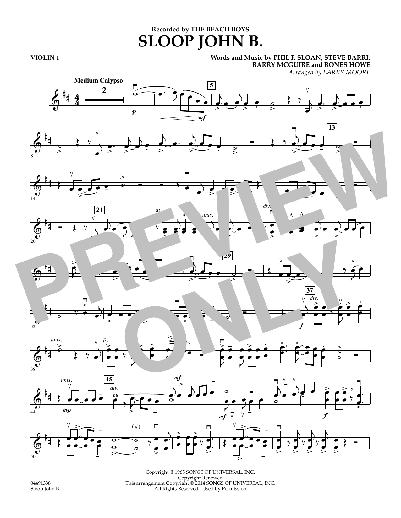 Larry Moore Sloop John B - Violin 1 sheet music notes and chords arranged for Orchestra