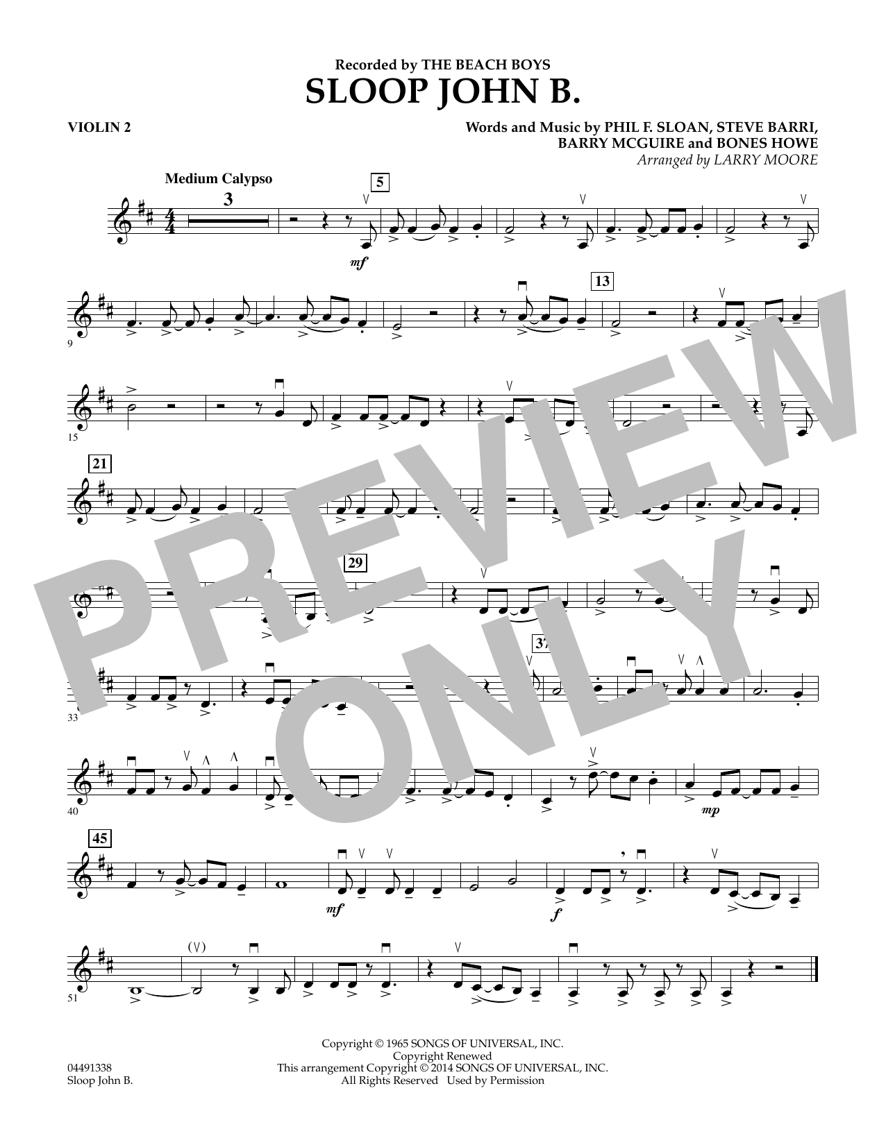 Larry Moore Sloop John B - Violin 2 sheet music notes and chords arranged for Orchestra
