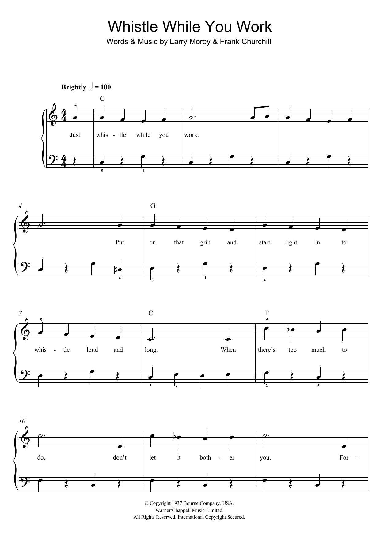 Larry Morey & Frank Churchill Whistle While You Work (from Snow White And The Seven Dwarfs) sheet music notes and chords arranged for Very Easy Piano