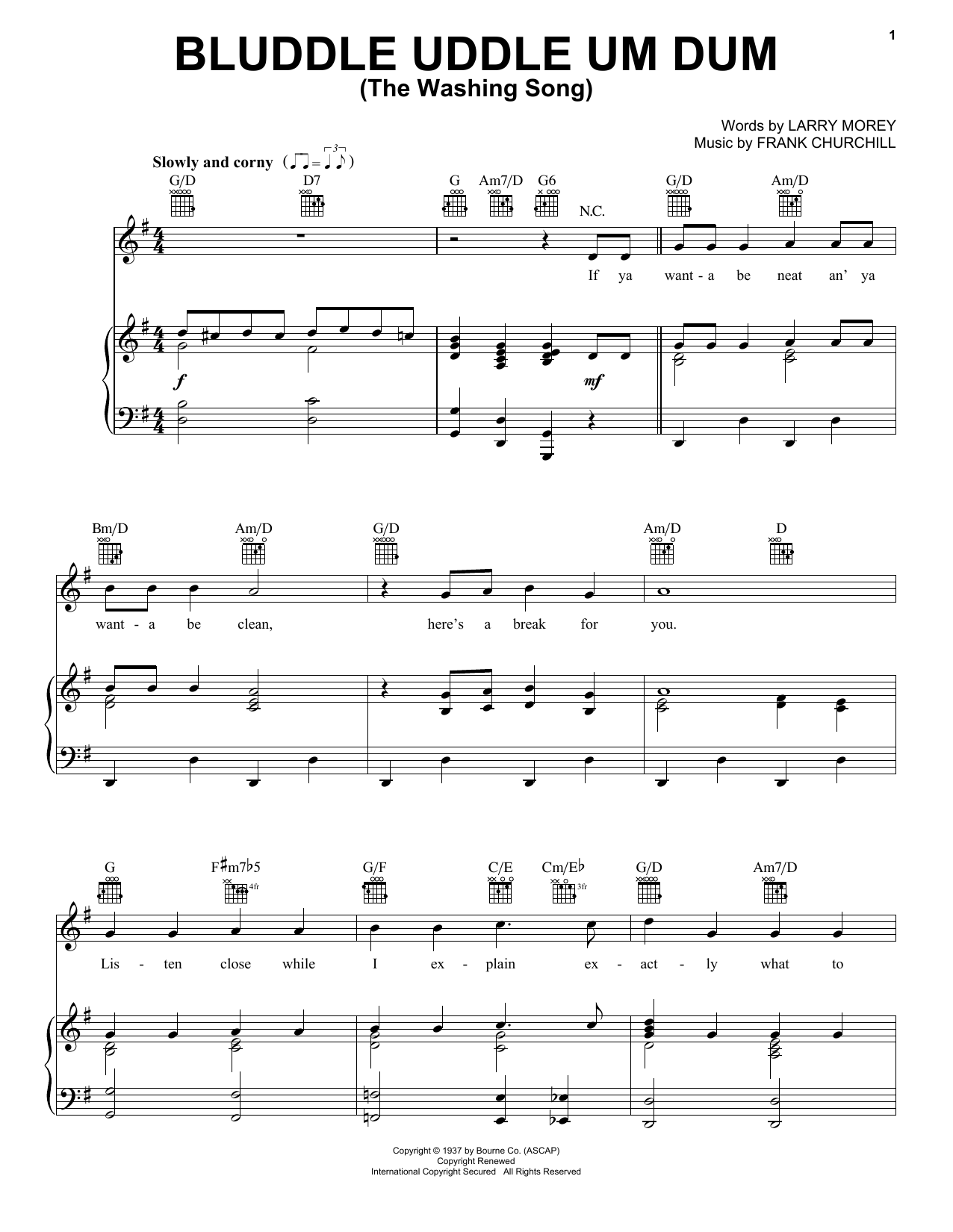 Larry Morey and Frank Churchill Bluddle Uddle Um Dum (The Washing Song) (from Walt Disney's Snow White and the Seven Dwarfs) sheet music notes and chords arranged for Piano, Vocal & Guitar Chords (Right-Hand Melody)